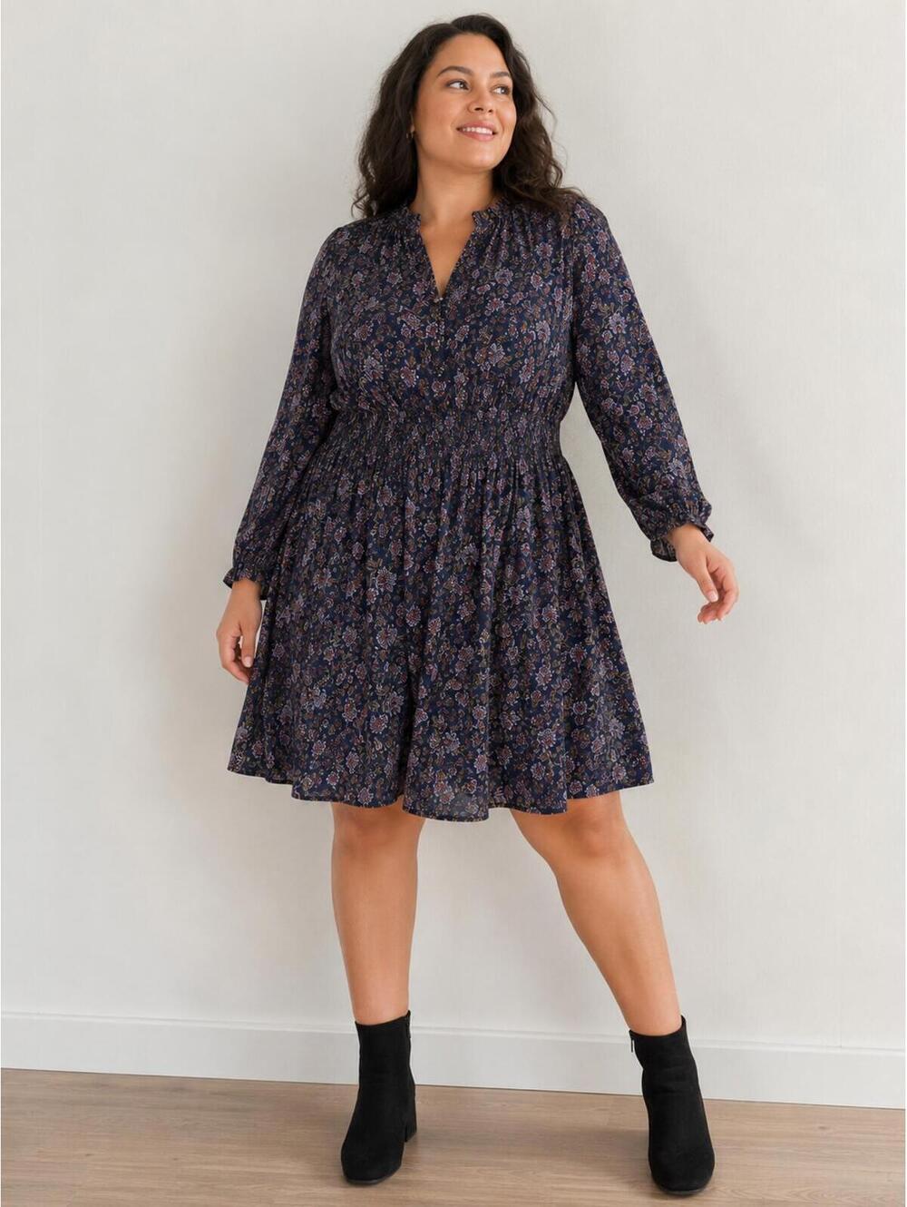 Devoted XL Boho Floral Smocked Waist Mini Dress Long Sleeve Cottagecore